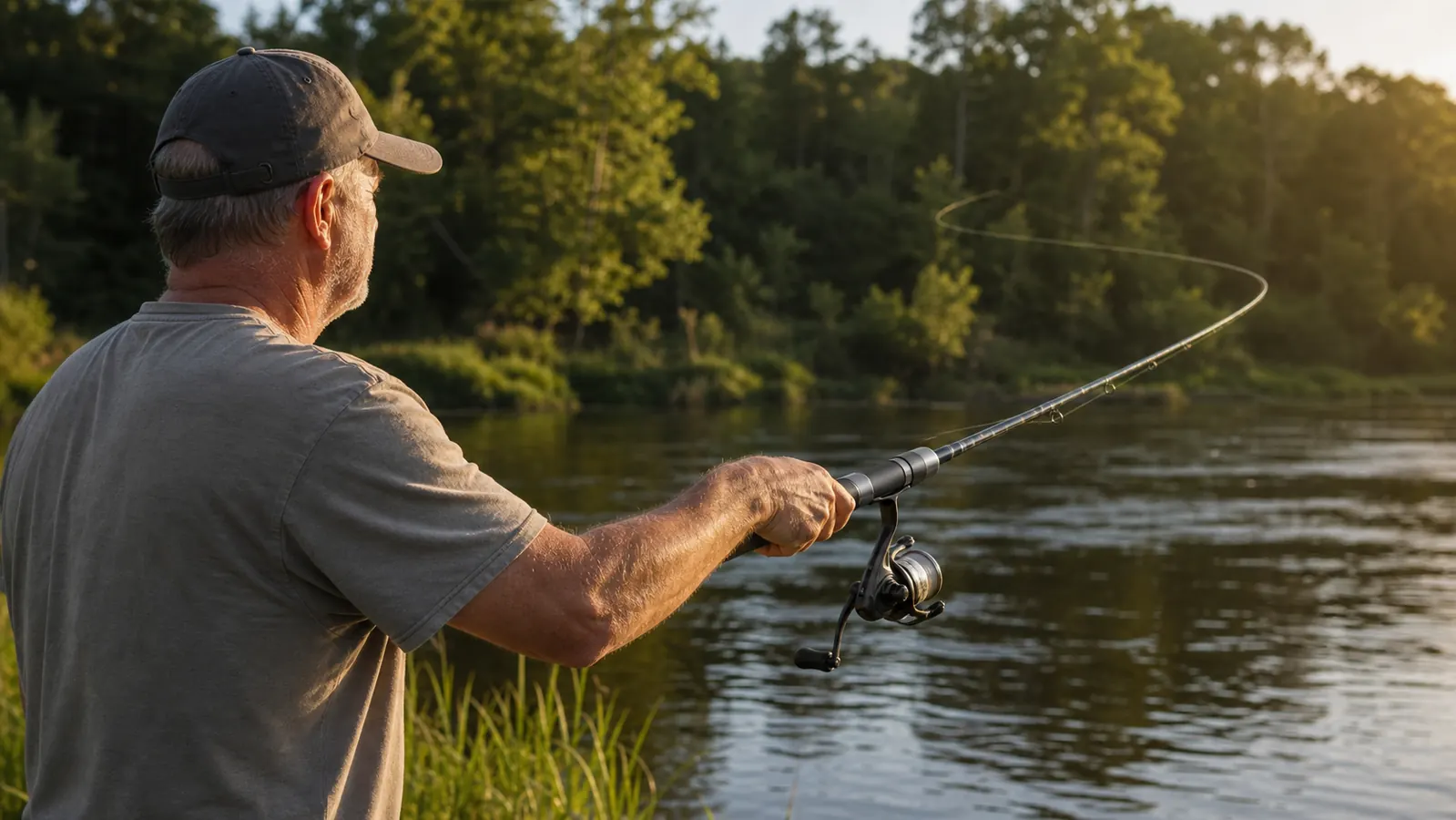 An angler casting a telescopic rod and reel combo from a grassy riverbank with the line arcing toward the far bank