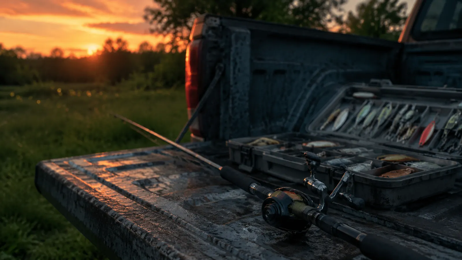 A telescopic rod and reel combo laid across a weathered truck tailgate beside an open tackle box at dusk