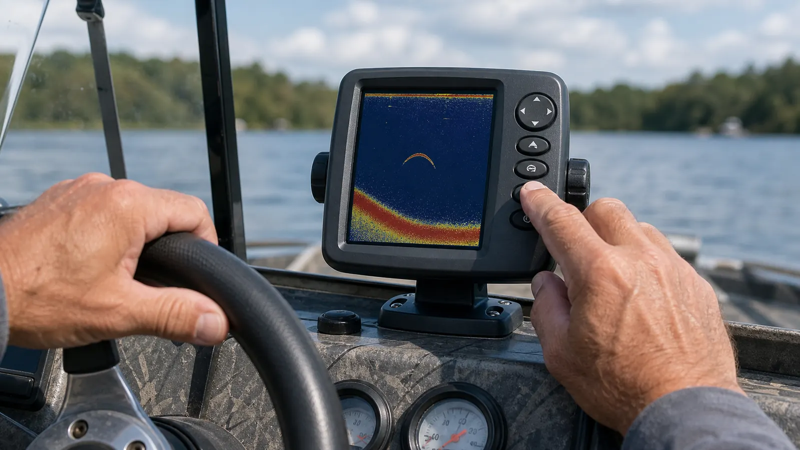 A hand pressing the mark button on a compact fish finder mounted at the helm of a small boat, the screen showing a depth trace with an arch