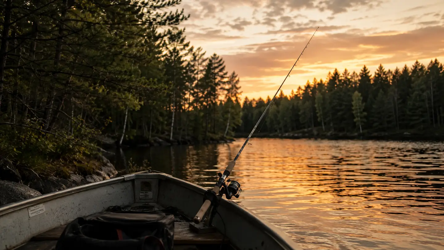 A small aluminum boat idling just off a timbered shoreline at golden hour, an idle rod propped at the bow, calm water ahead reflecting warm orange light