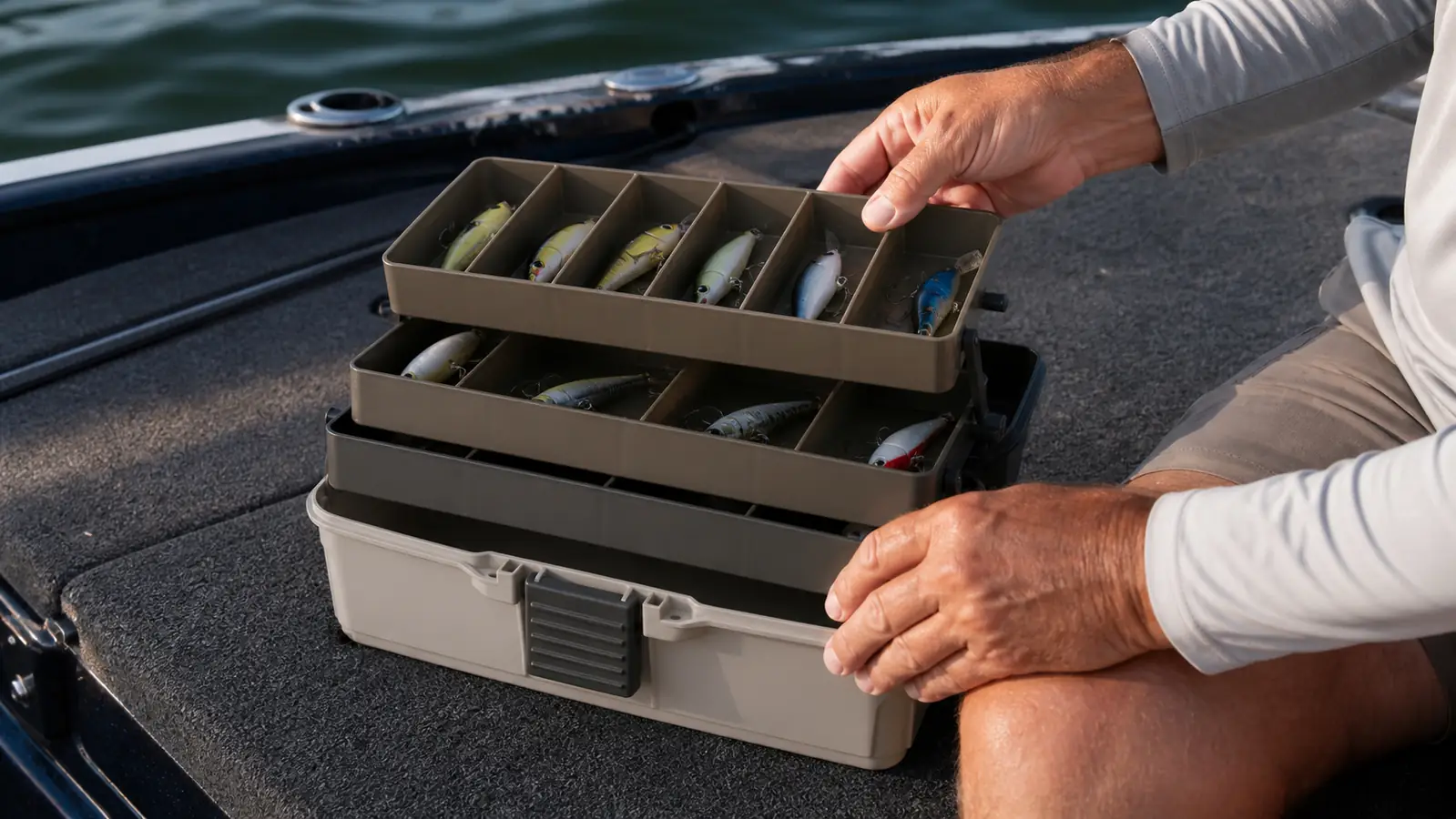 An angler's hand lifting a tray out of the three-tray tackle box on a boat deck, lures visible in their compartments