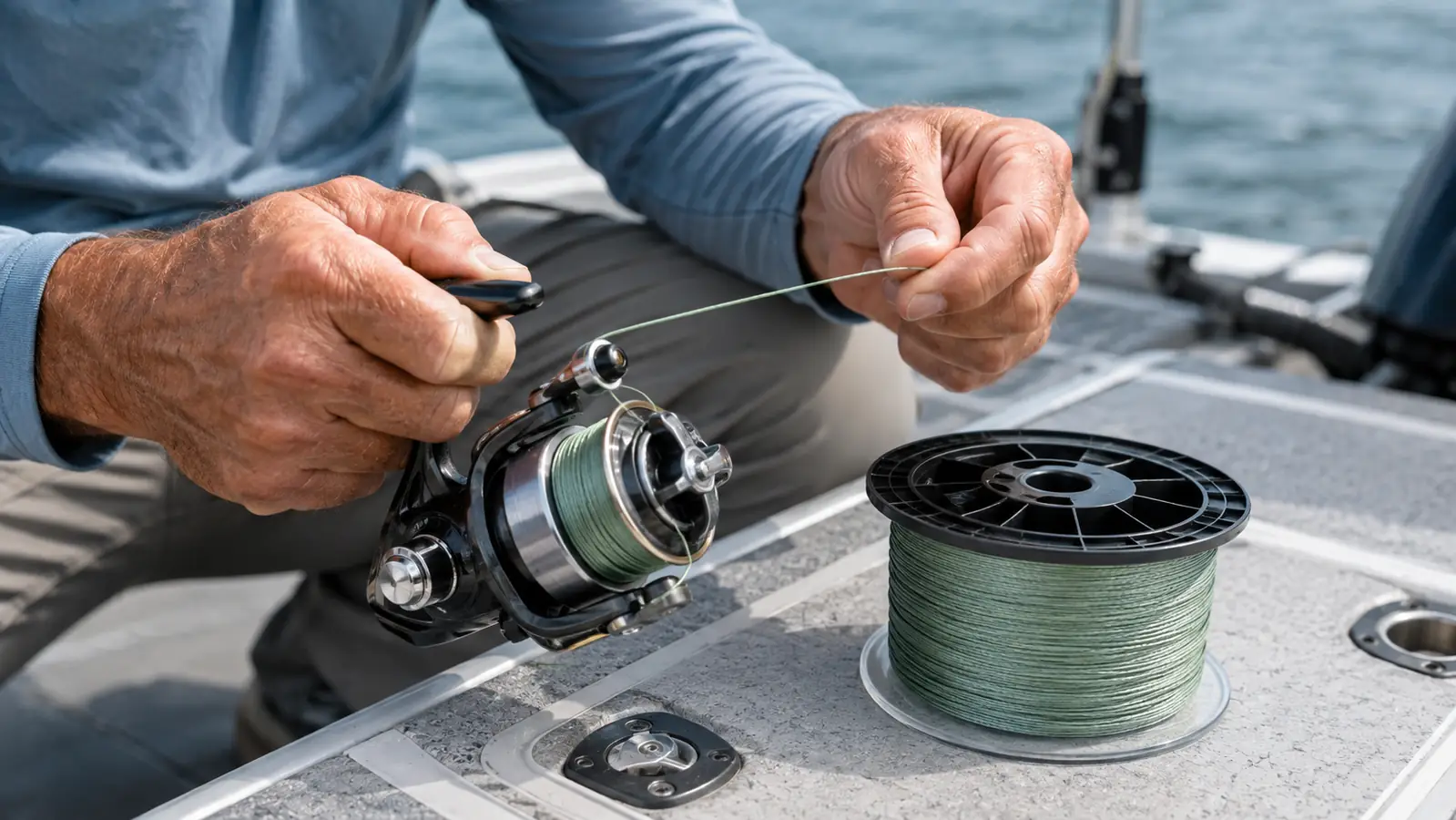 A spinning reel spooled with braided line, the line running clean through the rod guides