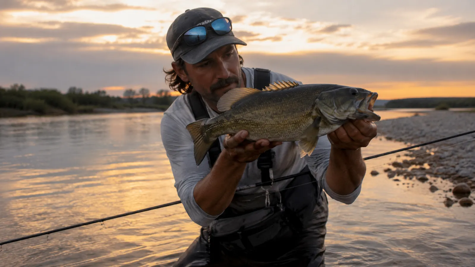 Angler holding a smallmouth bass on a calm river at dusk