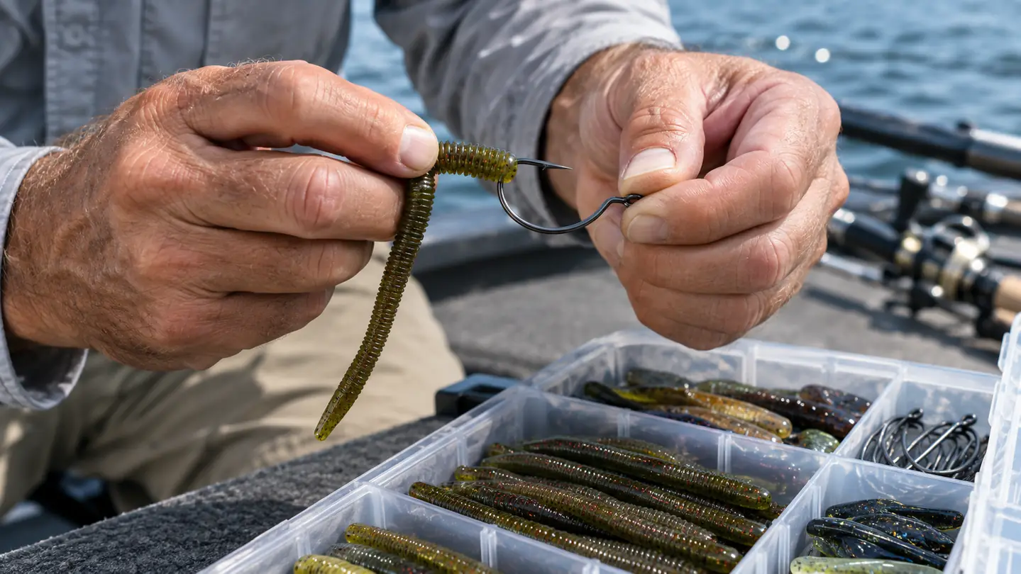 Close-up of a weathered hand threading a soft plastic worm onto a wide-gap hook over the open tray of a tackle box on a boat deck.