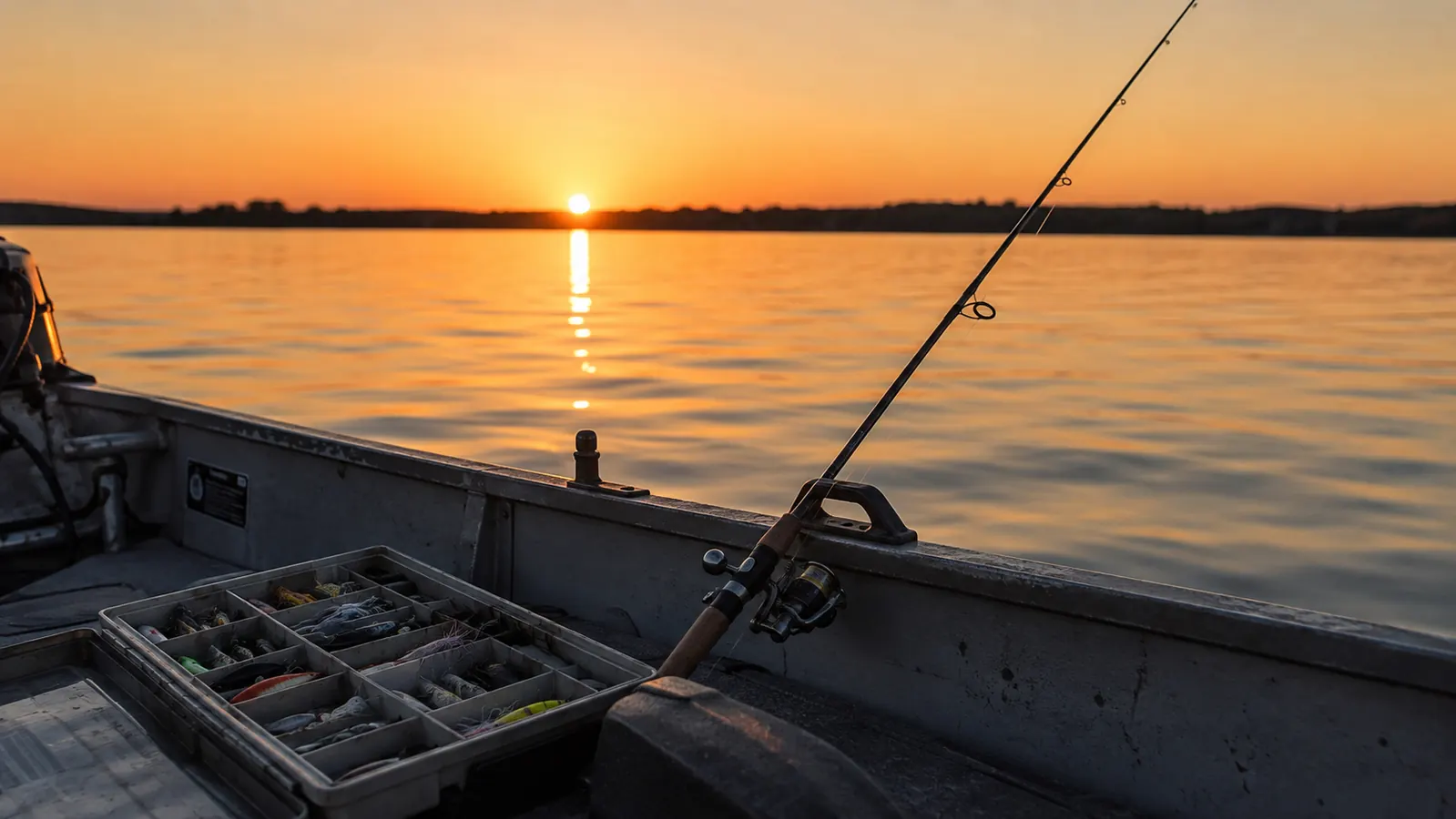 Evening on a calm lake, a fishing rod leaning against the gunnel of a boat with line running out to the water, low sun across the deck.