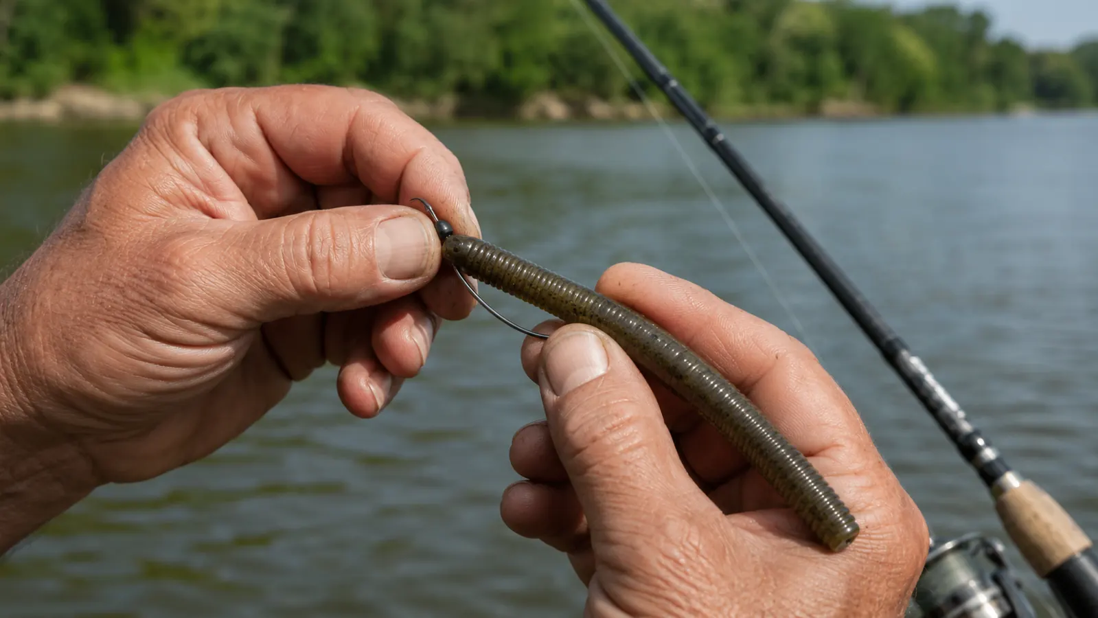 A weathered hand threading a soft plastic worm up the shank of an offset hook to rig it weedless
