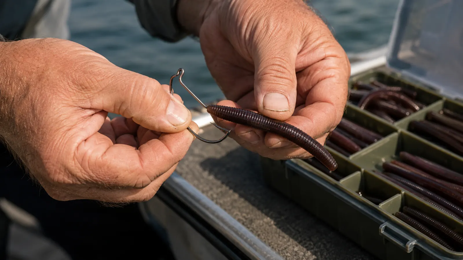 Hands threading a soft plastic worm onto a wide-gap offset hook over an open tackle box on a boat deck