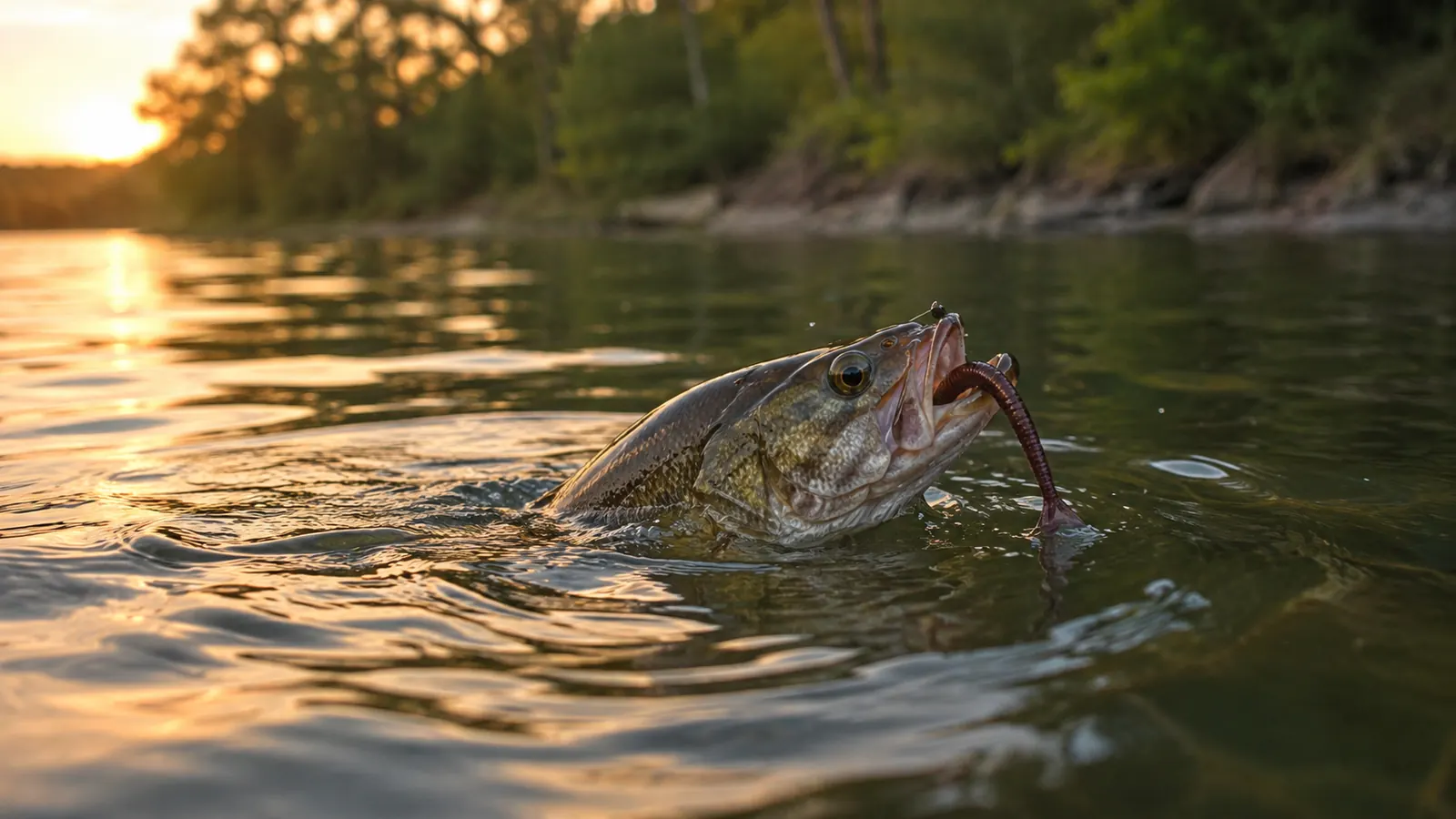 A smallmouth bass breaking the surface in a clear river pool at golden hour