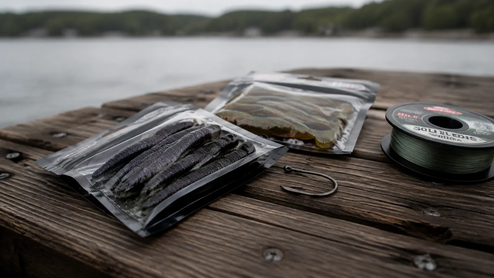 Two open packs of soft plastic worms lying on a weathered boat deck next to a wide-gap hook and a spool of braided line, lake shoreline blurred behind.