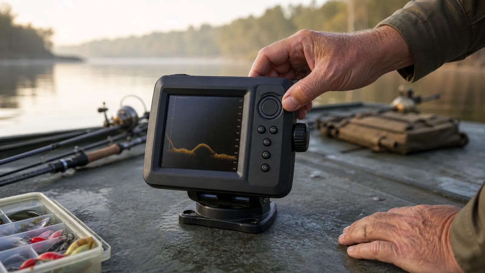 A hand reaching to adjust a Garmin Striker 4 fish finder mounted on the front deck of a johnboat
