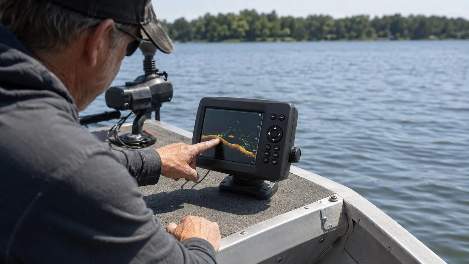 A hand pointing at a fish finder screen mounted on a boat deck, the display showing a sonar bottom reading.
