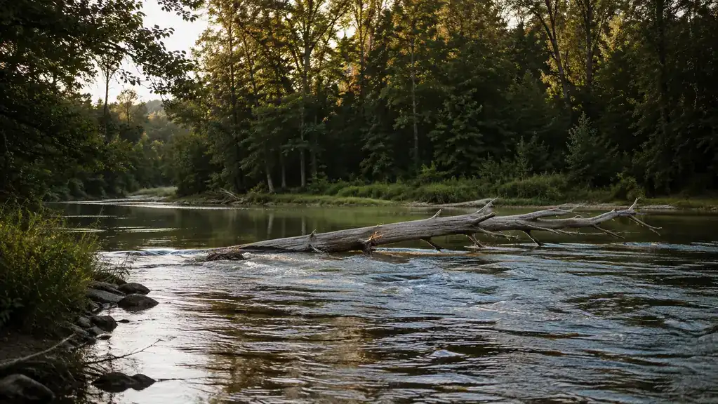 A quiet stretch of river running past a fallen tree with a visible current line, late afternoon light.