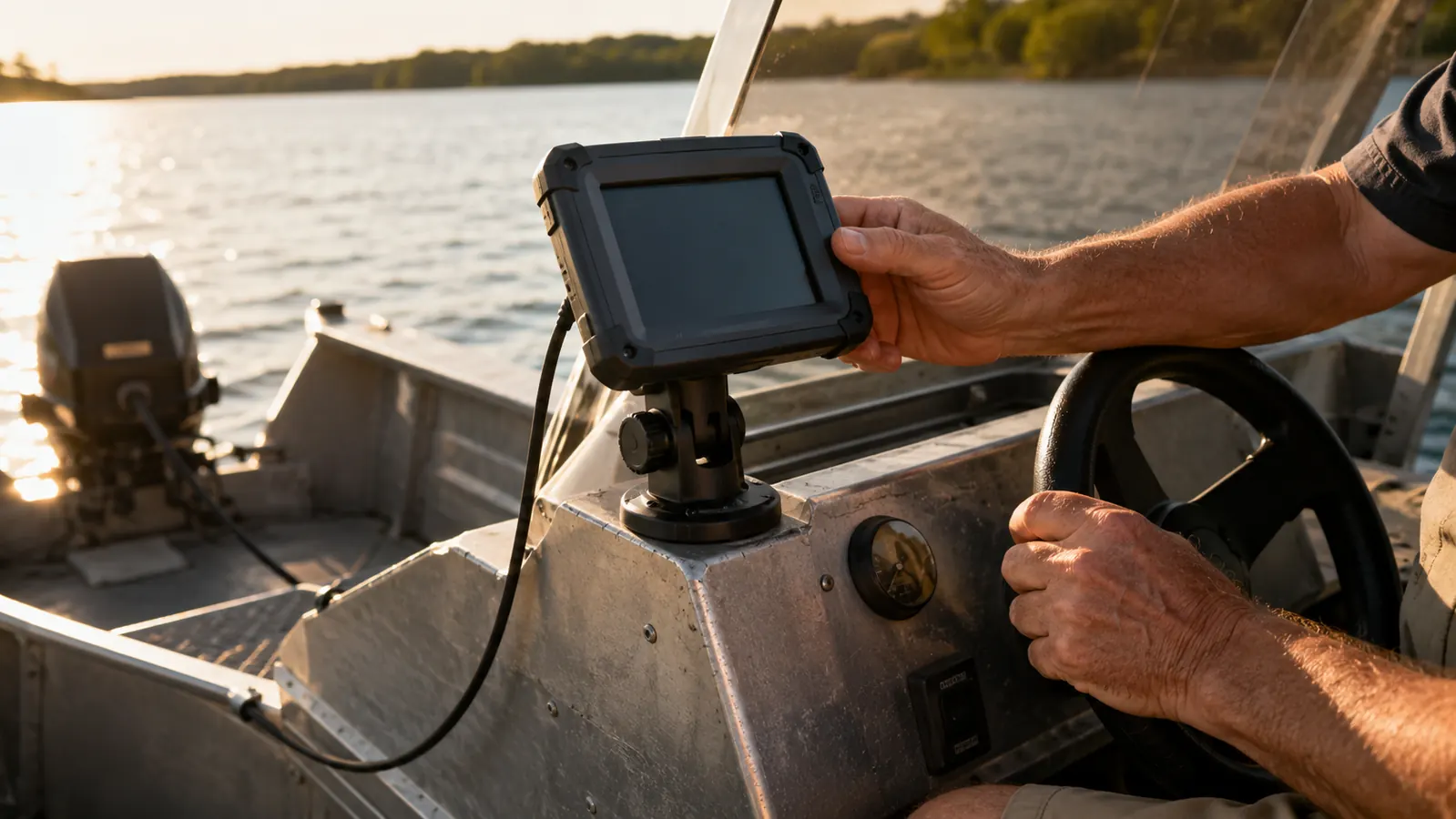 A hand reaching down to adjust a fish finder on a boat console, late afternoon light across the water.