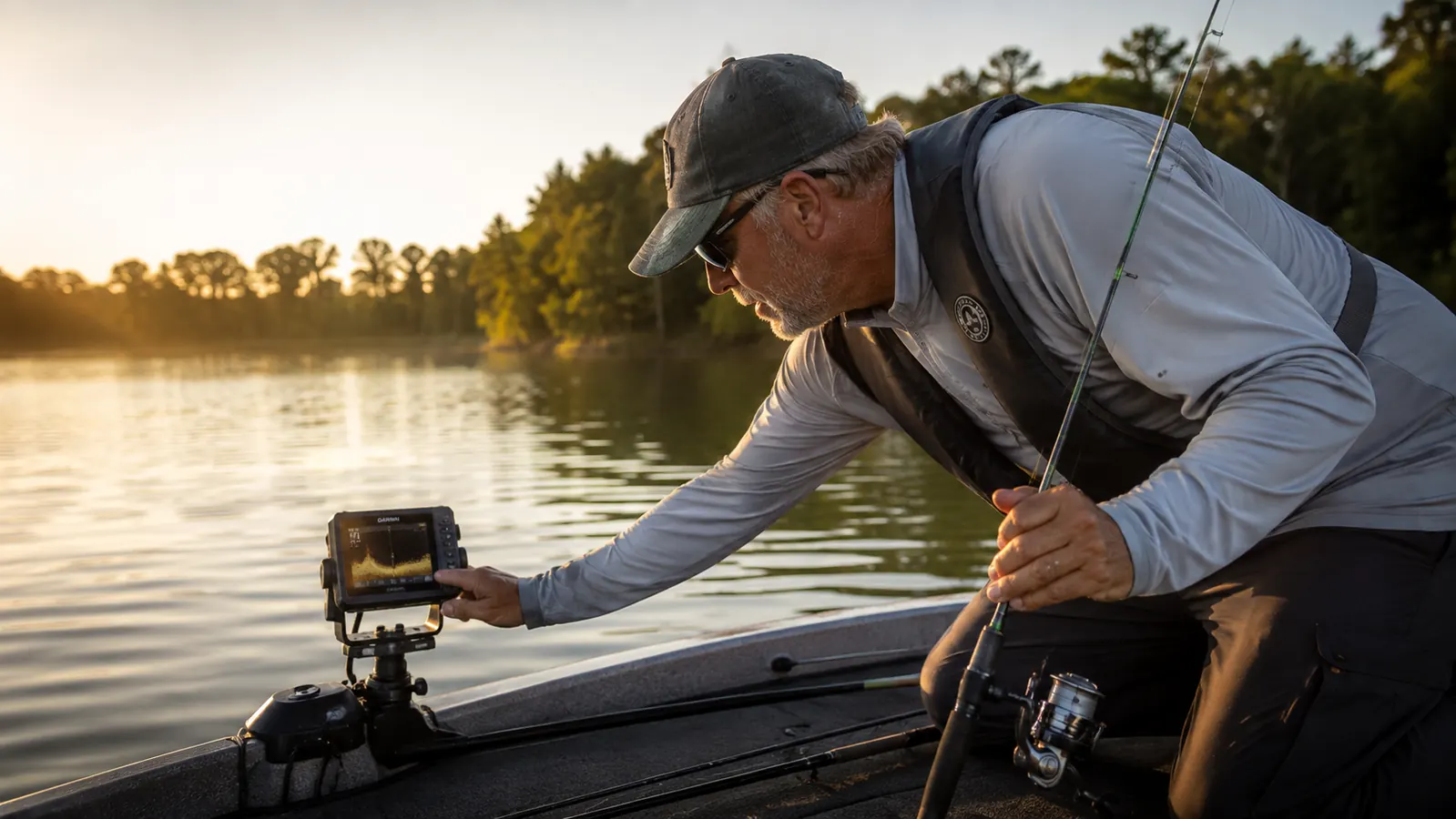 An angler leaning over the side of a small boat studying the sonar screen in late afternoon light