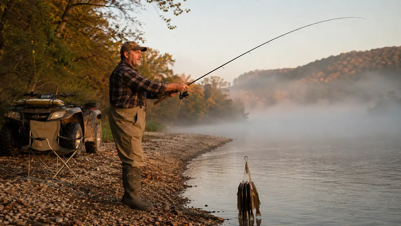 A man in his mid-50s casting into the morning mist on an Ozarks river at first light, a four-wheeler and camp chair on the gravel bar behind him