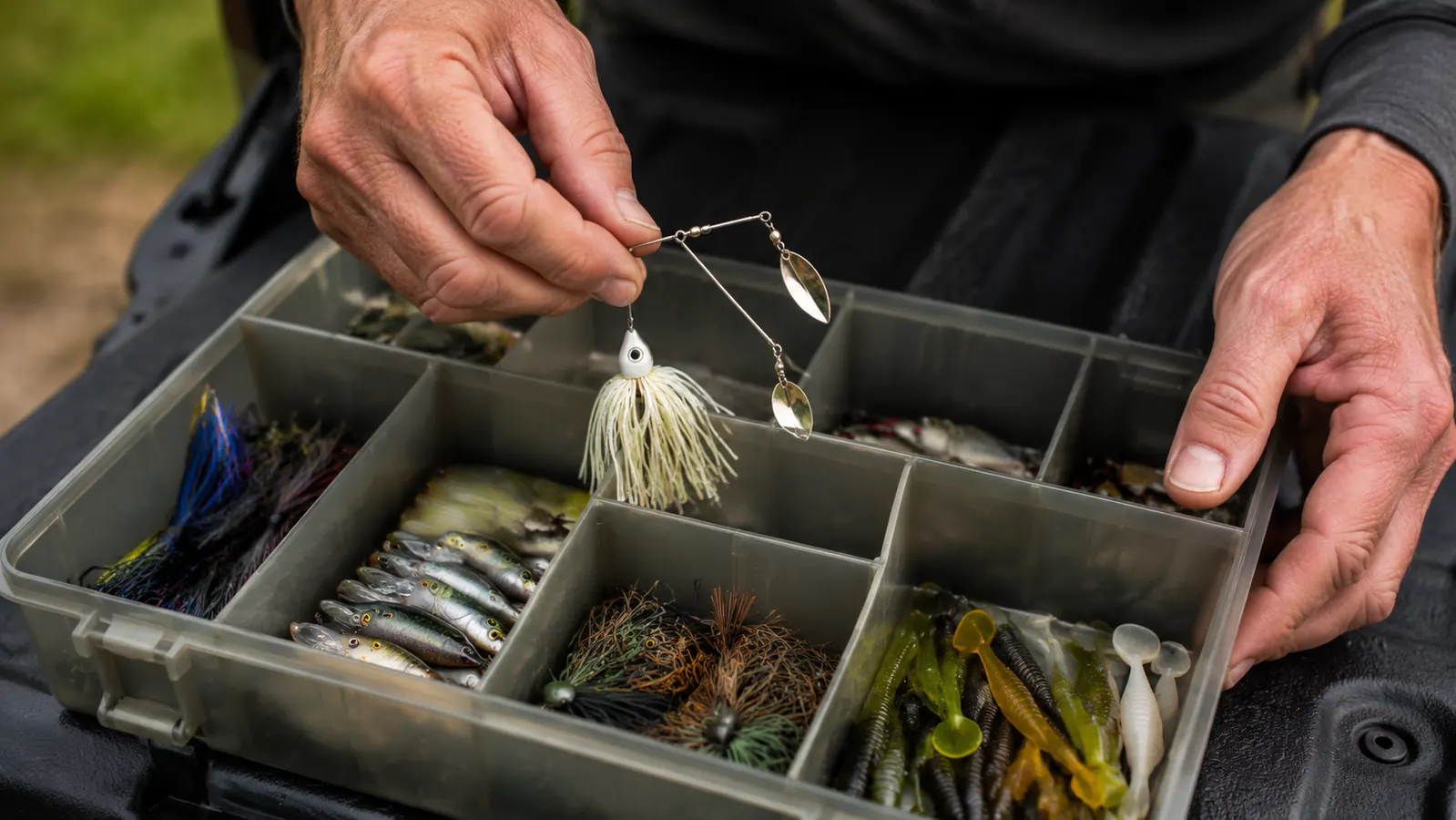 Hands placing a spinnerbait into an empty tray compartment of an open tackle box on a tailgate