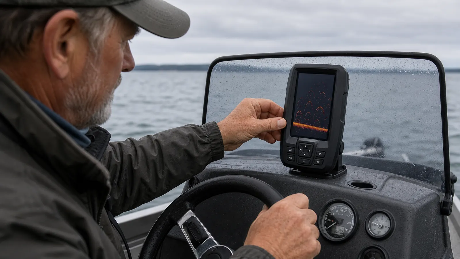 An angler's hand reaching to adjust a fish finder mounted on a boat console, the screen showing a solid bottom line and sonar arches