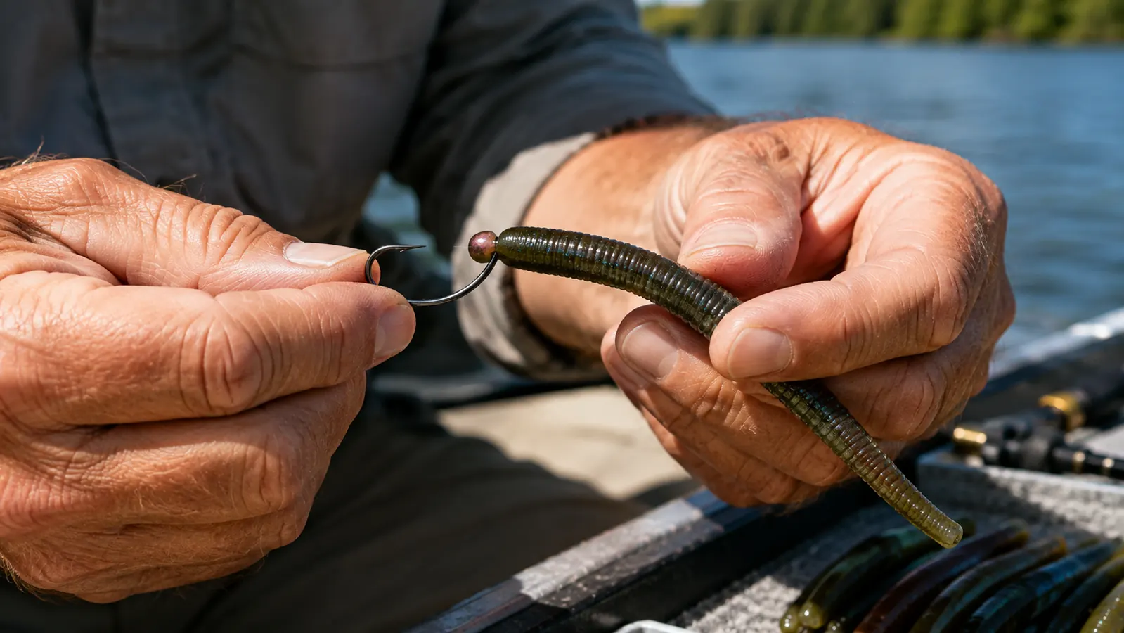 Close-up of hands threading a soft plastic worm onto an offset worm hook on a boat deck, the hook point being pushed through the worm's nose.