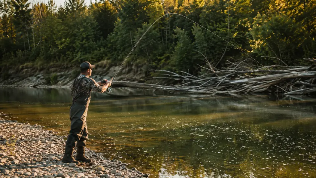 An angler casting a rod toward a fallen tree along a riverbank at golden hour, the line arcing over calm water.