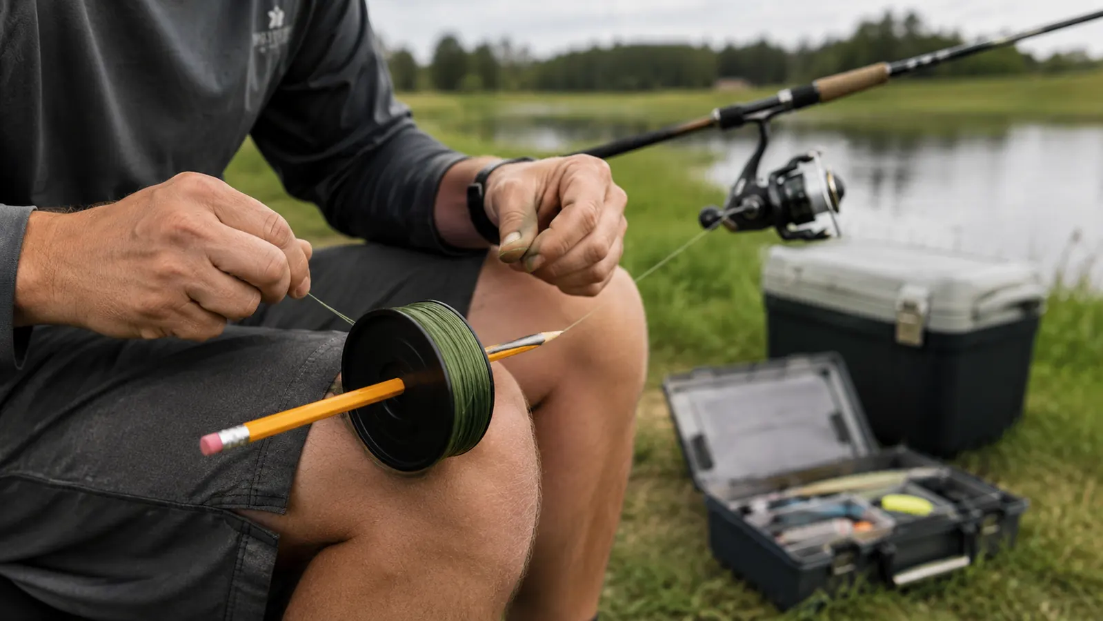 A filler spool of braided line spinning on a pencil held between a person's knees while line runs up to a spinning reel