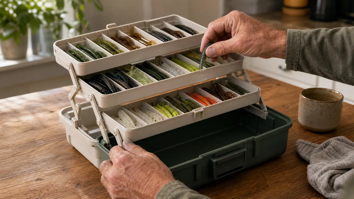 Hands sorting soft plastic lures into the open trays of a three-tray tackle box on a kitchen table in morning light