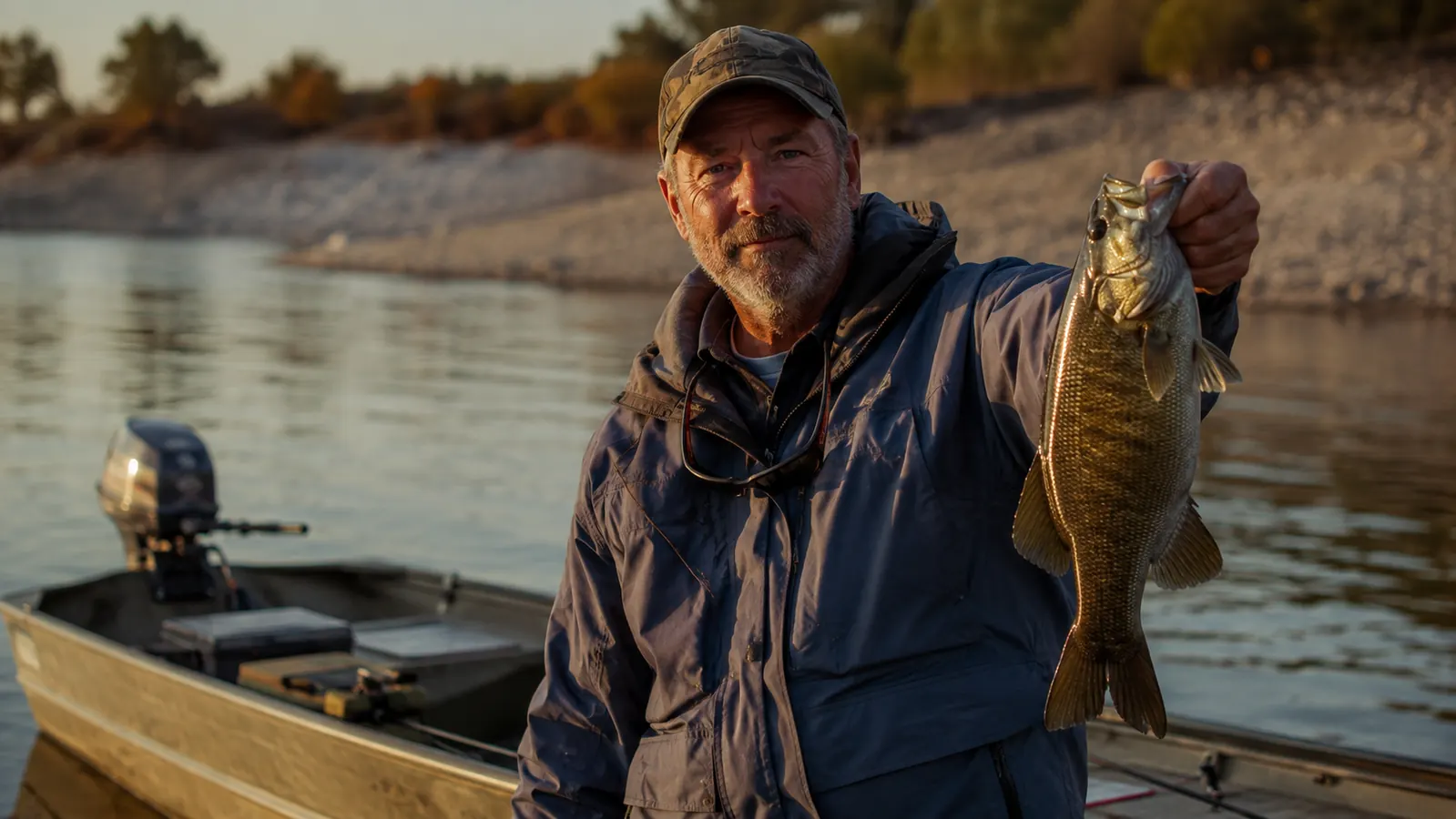 A fisherman in his mid-50s holding up a smallmouth bass beside a jon boat on a lake in the late afternoon