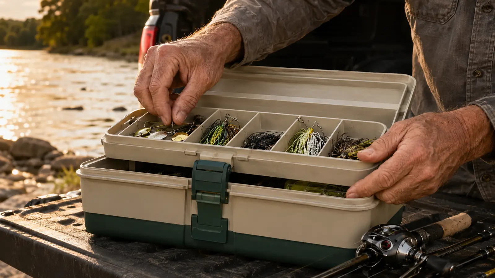 A weathered hand sorting spinnerbaits and jigs into the top tray of the tackle box on a truck tailgate