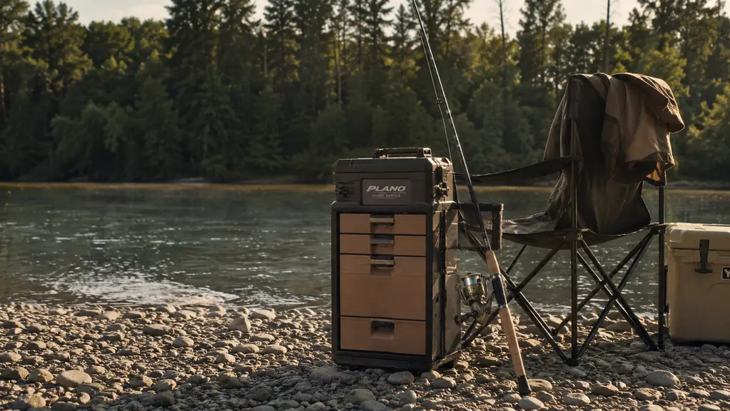 A tackle box standing on a gravel river bank beside a camp chair and a fishing rod in late afternoon light