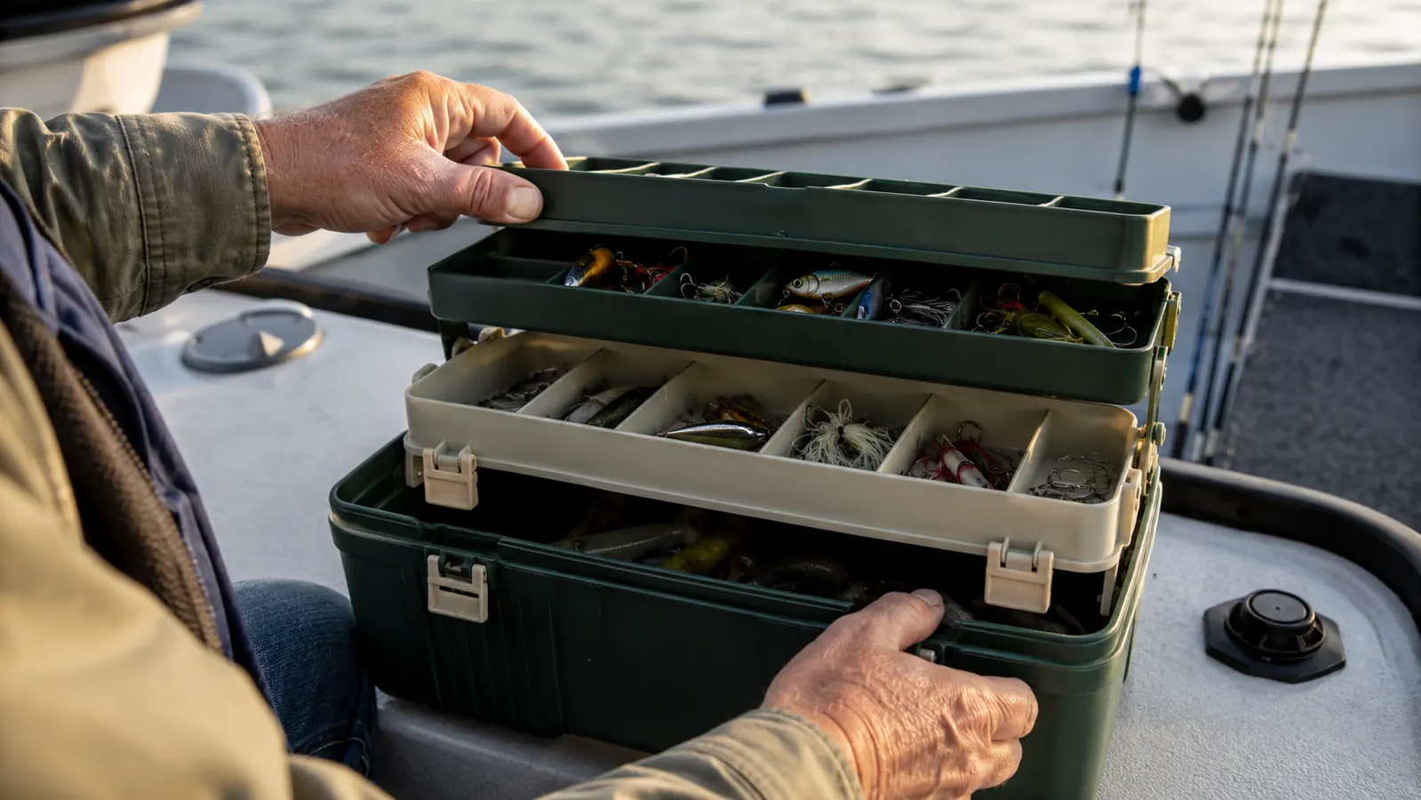 A hand opening the top tray of a three-tray tackle box on a boat deck, small compartments of lures and hooks visible in morning light