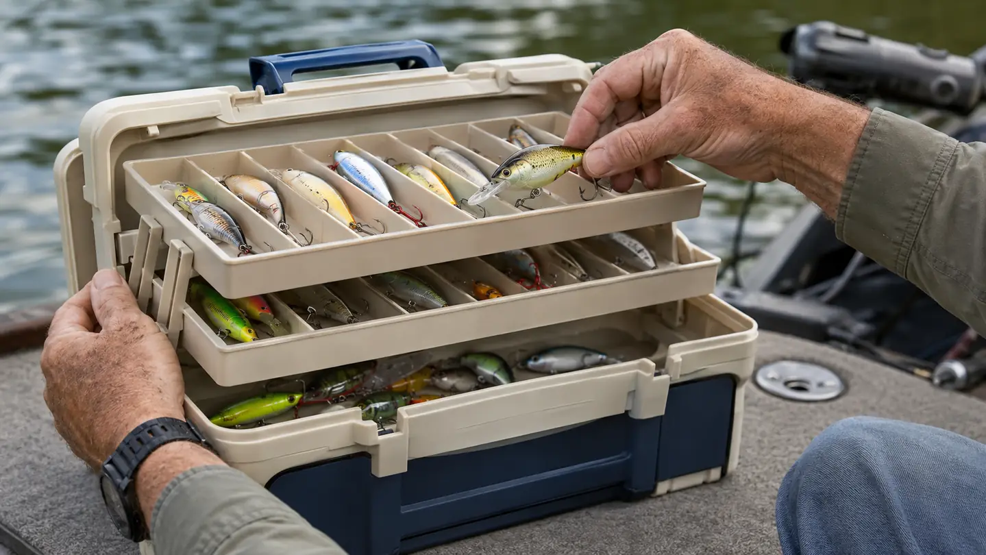 A hand opening the top tray of a Plano three-tray tackle box and picking out a crankbait