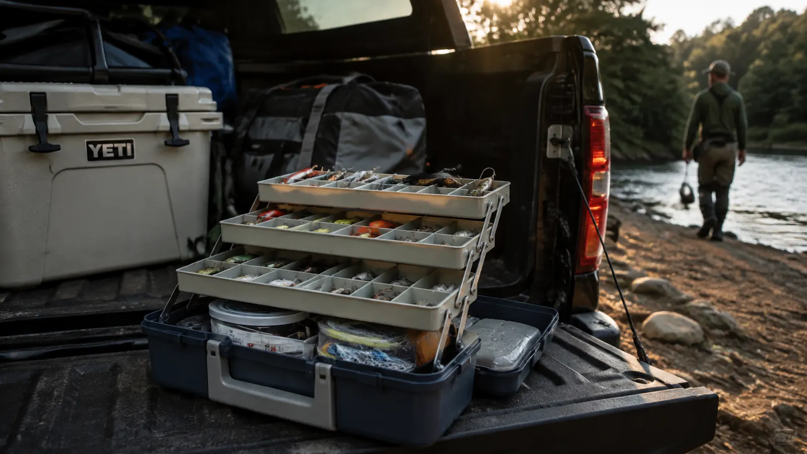 A three-tray tackle box standing open on a pickup tailgate beside a cooler and camping gear at a river access