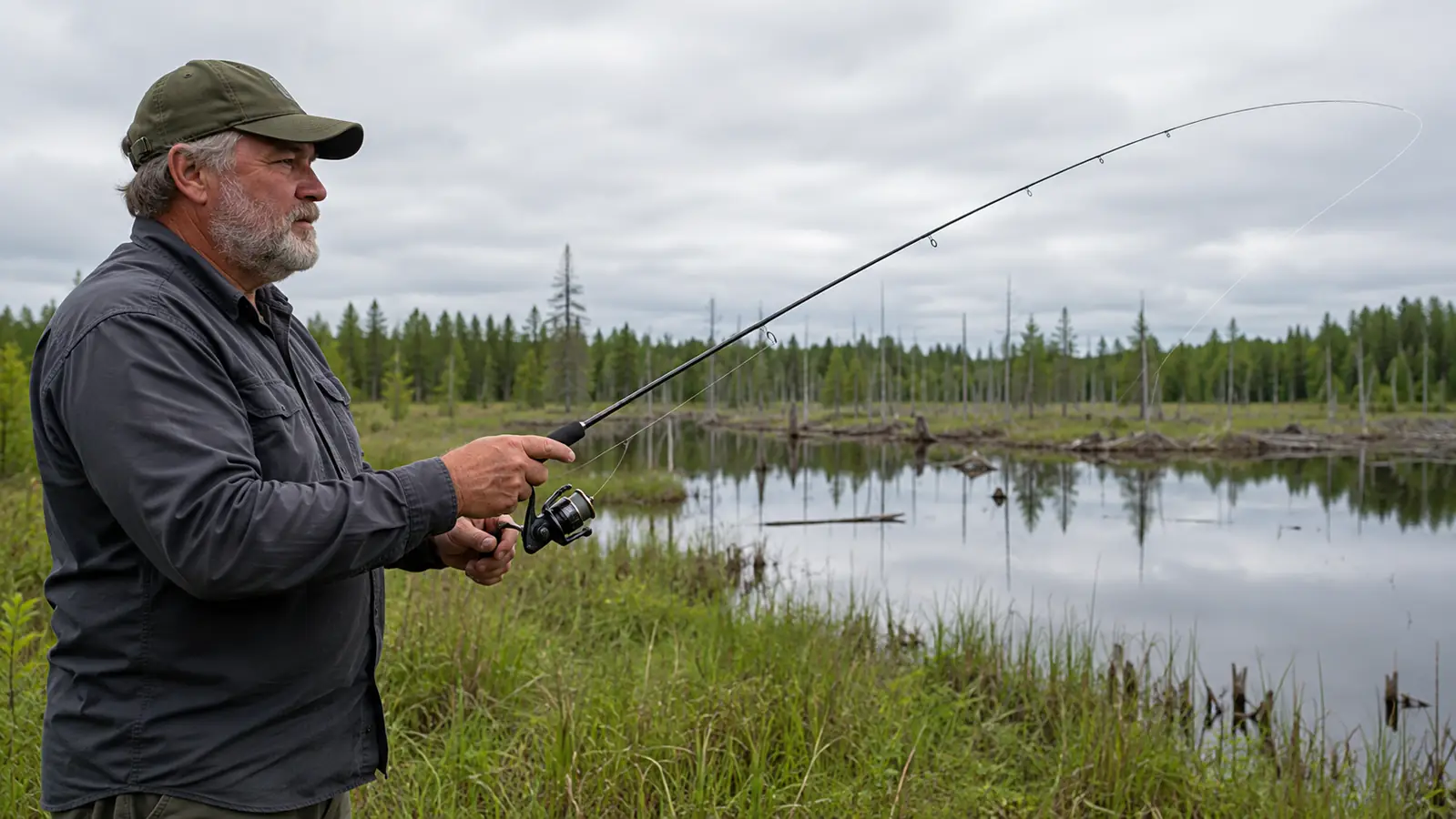Hand casting a compact telescopic spinning combo from the grassy bank of a pond
