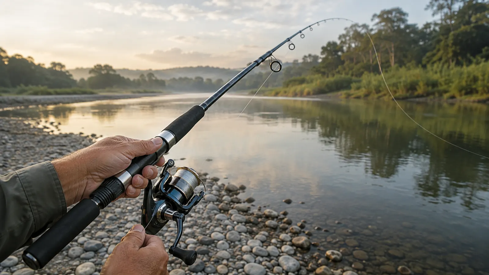A hand casting a telescopic spinning rod and reel combo from a gravel bank, line arcing out over a slow pool in soft morning light