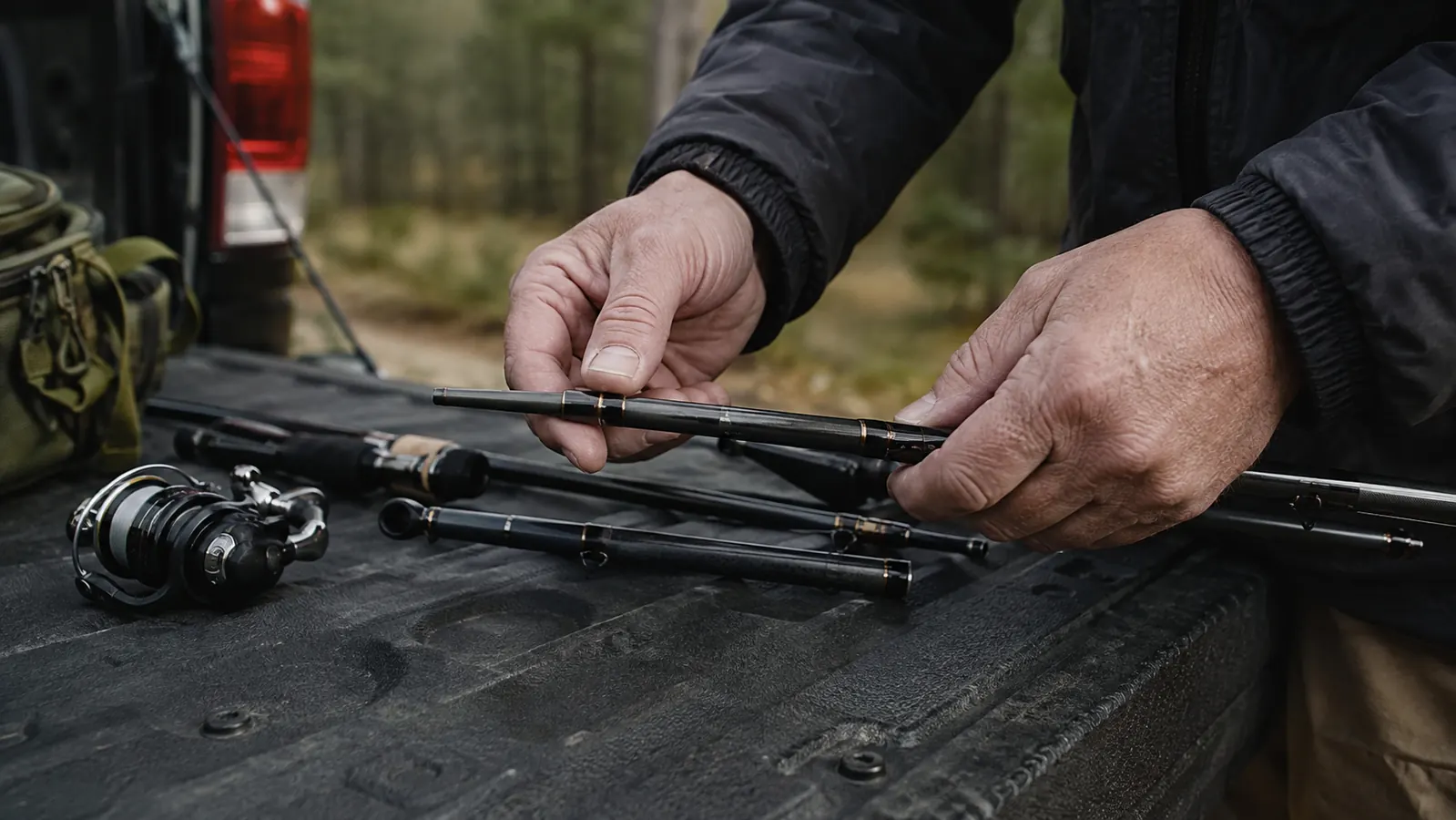 Hands collapsing a telescopic fishing rod section by section on the tailgate of an older truck at a forest trailhead