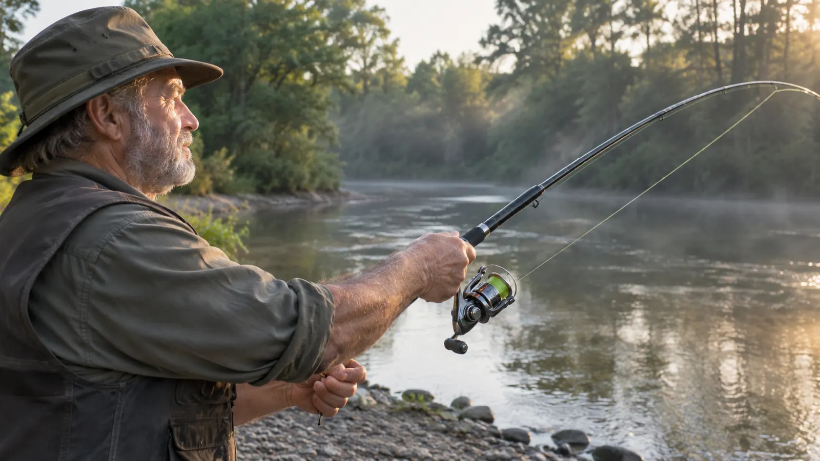 A hand casting a telescopic spinning rod and reel combo from a gravel river bank, line arcing out over a slow pool in early morning light