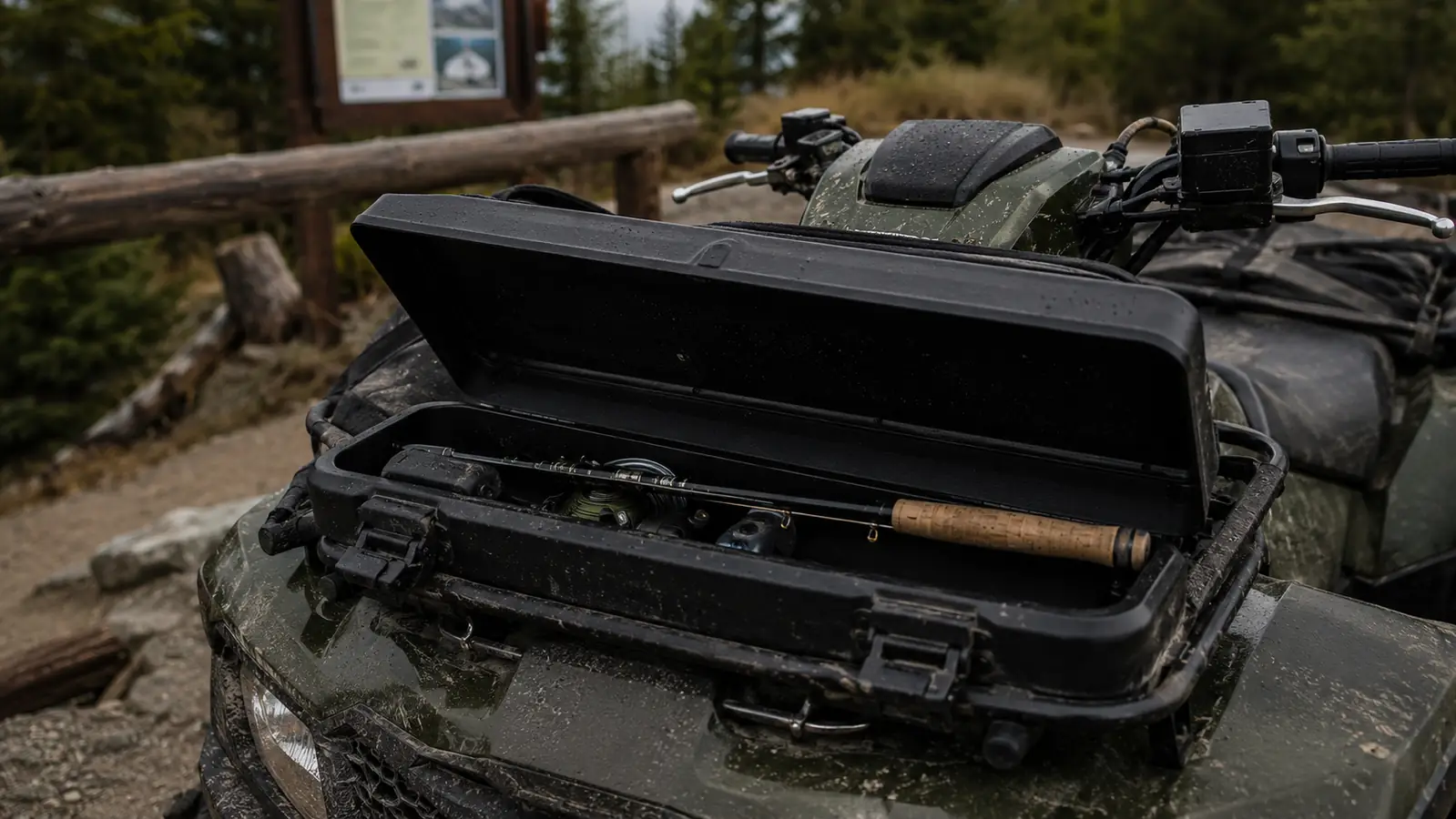 A collapsed telescopic rod and reel combo tucked into the front storage box of an older four-wheeler parked at a forest trailhead