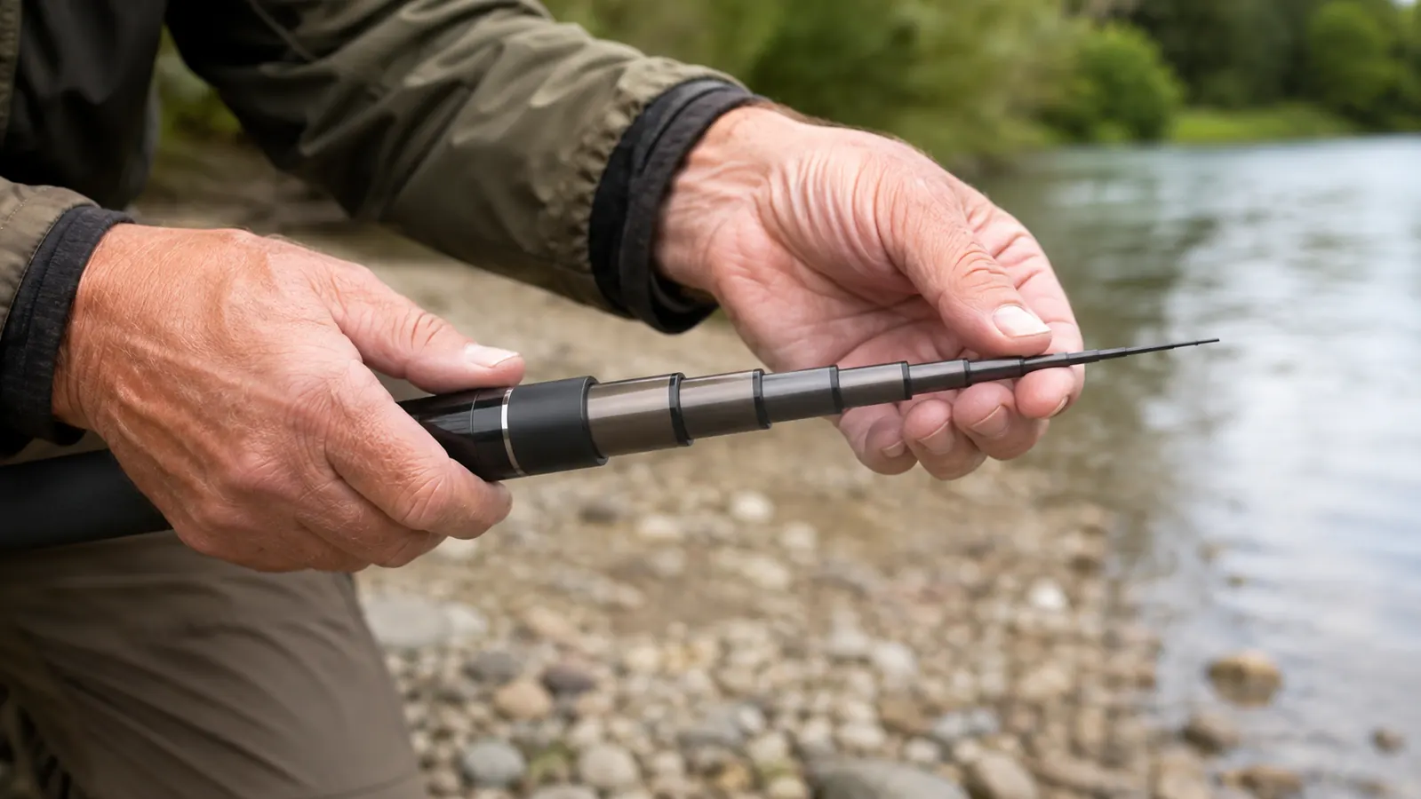 An angler's hand extending the sections of a telescopic fishing rod on a gravel riverbank
