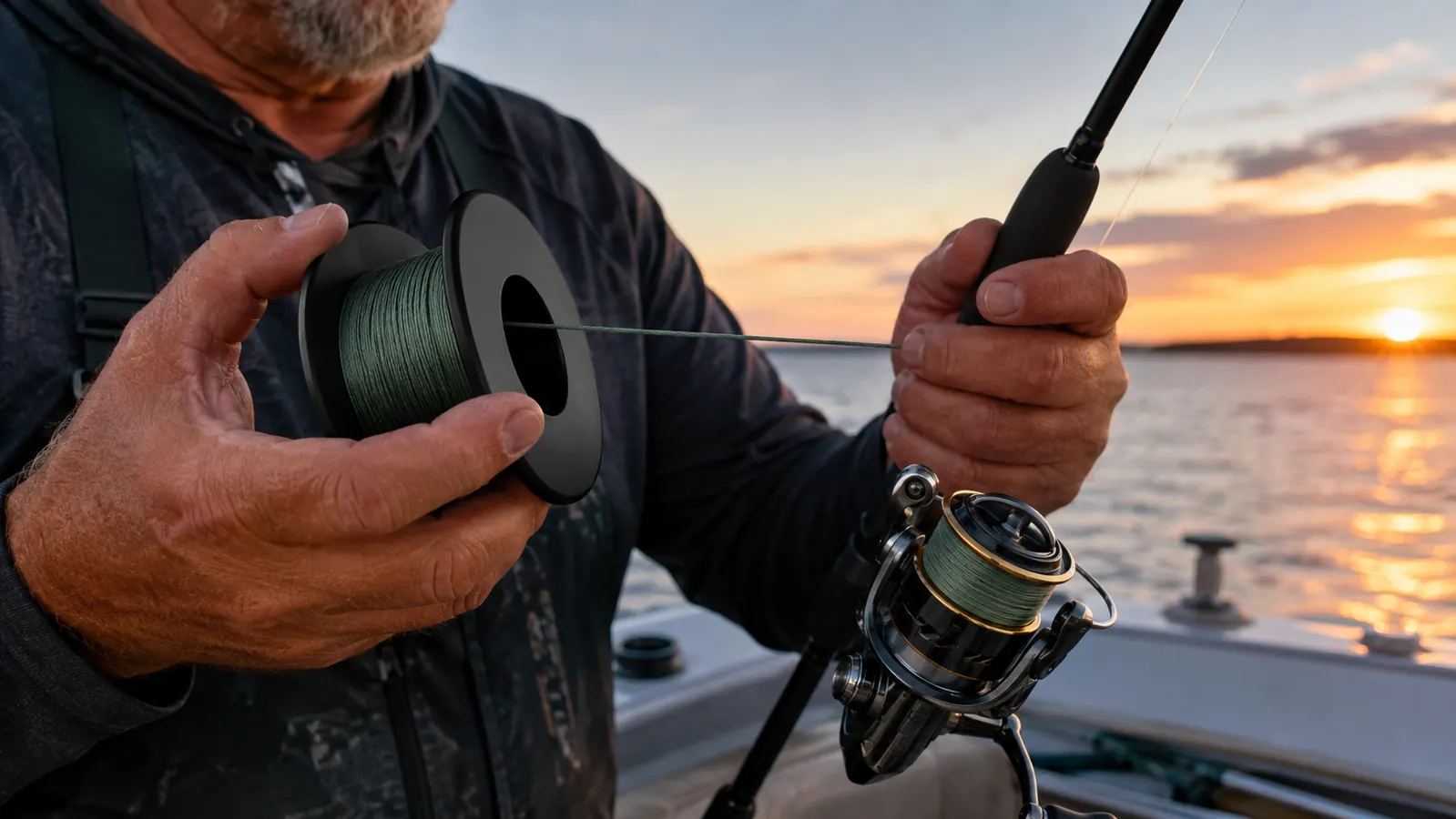 Hands spooling braided fishing line from its spool onto a spinning reel on a boat deck at dusk