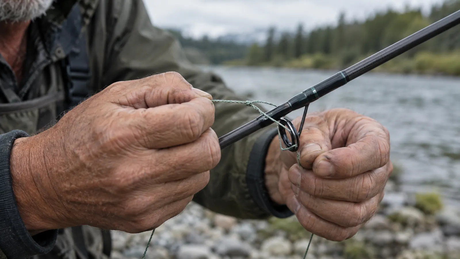 A hand tying a knot in braided line at the guides of a fishing rod, close up