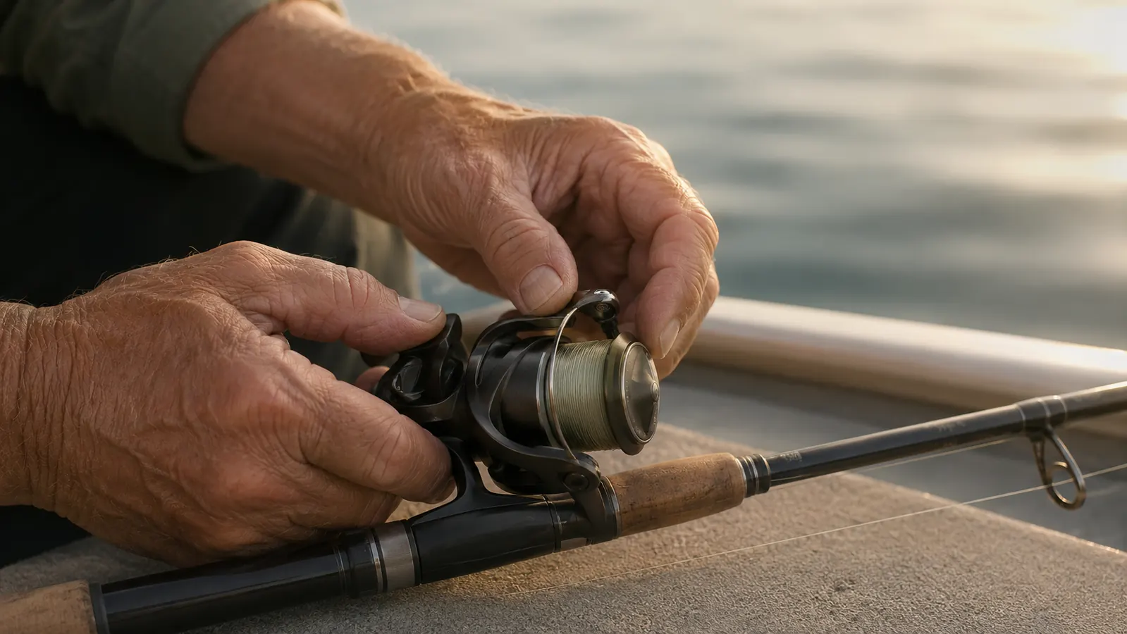 Close-up of hands spooling braided line onto a spinning reel on a boat deck