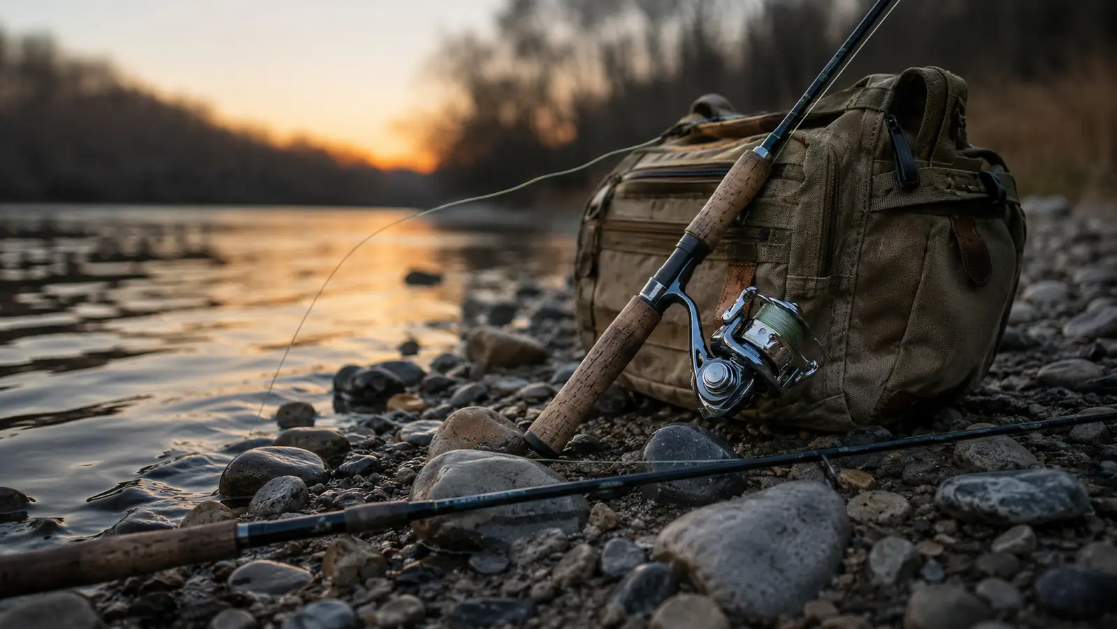 Spinning rod and reel leaning against a tackle bag on a rocky bank at dusk with line trailing into the water
