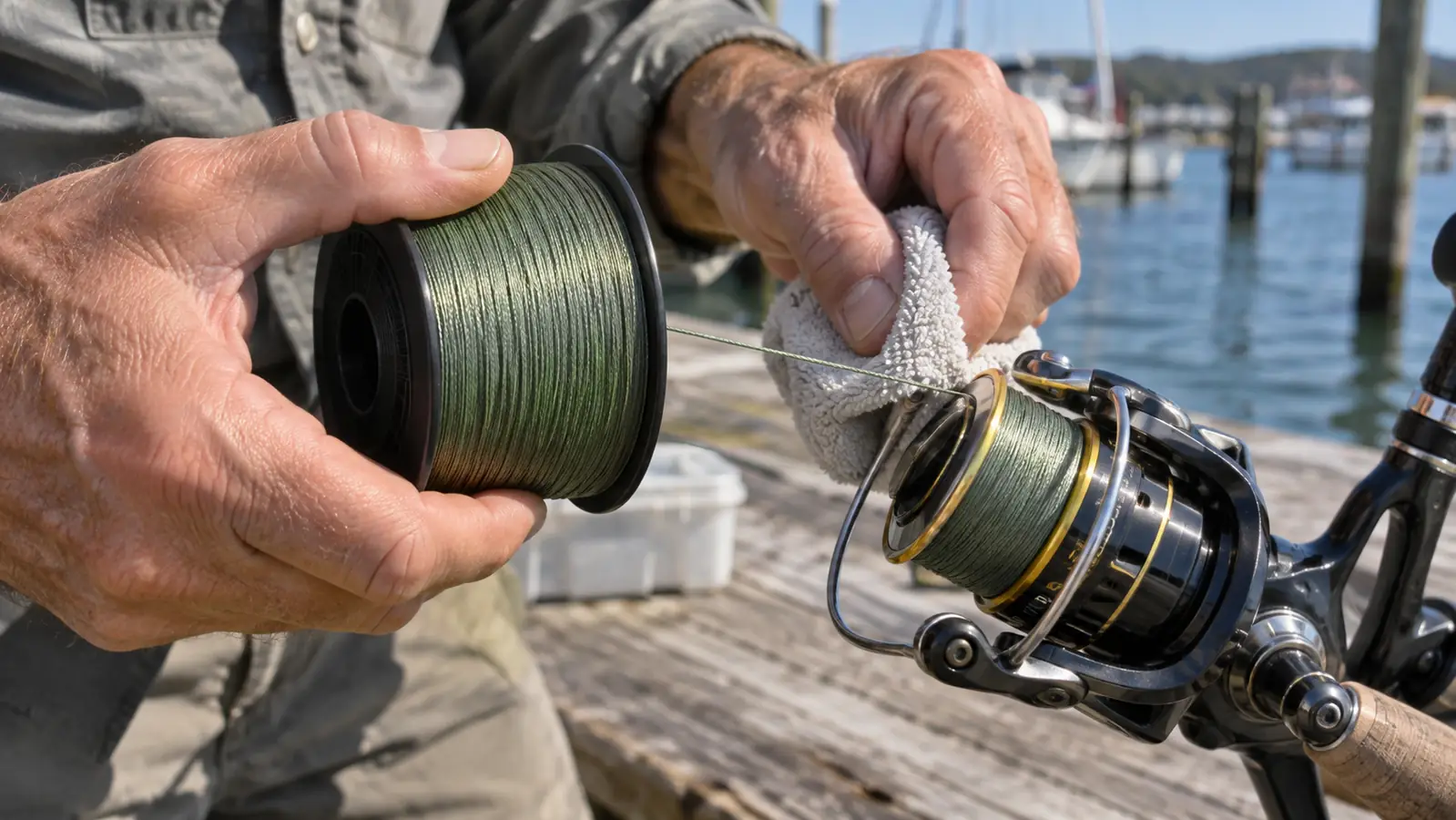 Hands spooling braided line onto a spinning reel, thumb pressing the spool for tension