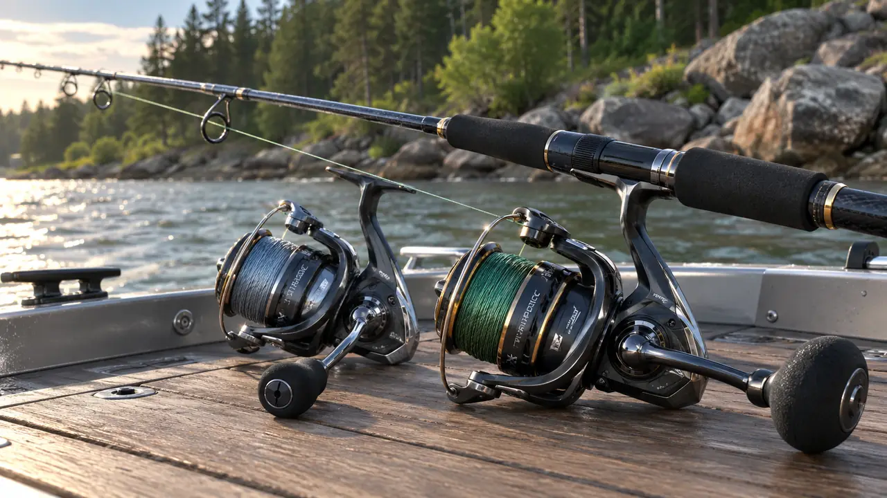 Two spinning reels spooled with braided line sitting side by side on a boat deck, a rocky riverbank behind them